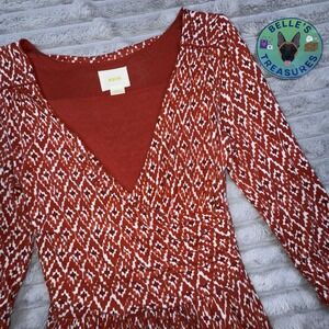 Anthropologie Maeve Dress‎ Sz XS Orange Print Midi Faux Wrap Soft Jersey Stretch